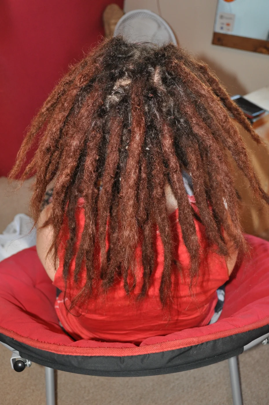 Rear view of dreadlocks with copper tones